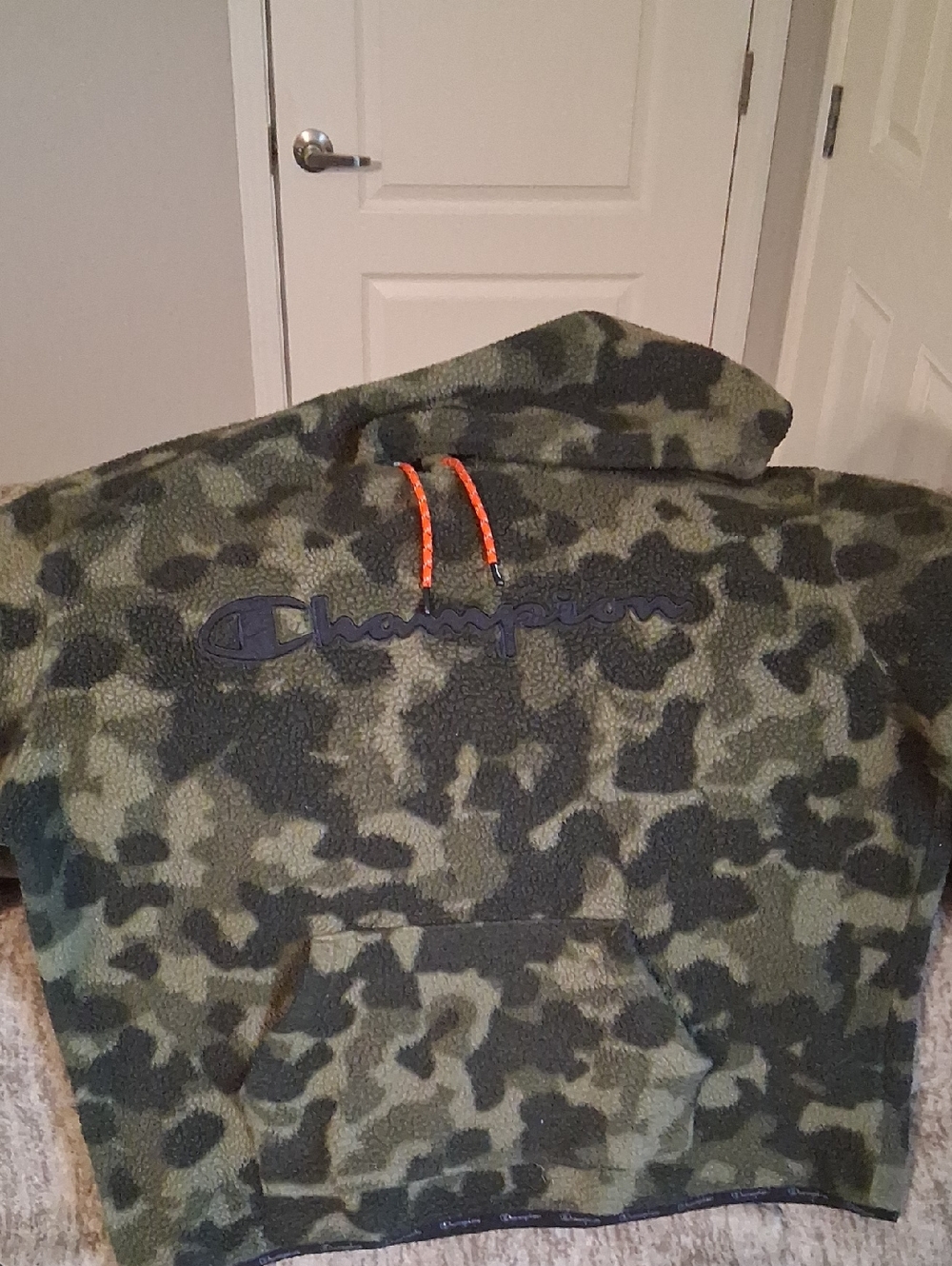 Champion Men's Camouflage Sherpa Hoodie with Bright Orange Drawcords